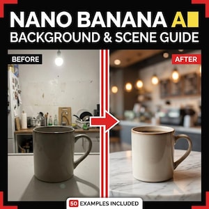 May include: Image comparing a before and after scene. The left side shows a mug on a counter in a kitchen. The right side shows the same mug on a table in a cafe. Text at the top reads "Nano Banana AI Background & Scene Guide."