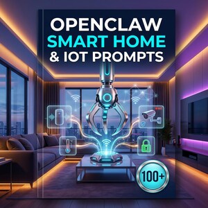 May include: A digital illustration promoting "OPENCLAW SMART HOME & IOT PROMPTS." The image features a futuristic claw machine design with glowing blue accents, surrounded by smart home icons. The background shows a modern living room with a cityscape view.