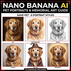 以下が含まれることがあります： 「Nano Banana AI」のペット肖像画と記念アートガイドの広告。同じゴールデンレトリバーの6つの肖像画スタイル（油絵、水彩、鉛筆、写真、気まぐれ、記念）を紹介しています。「45の例が含まれています」と書かれています。