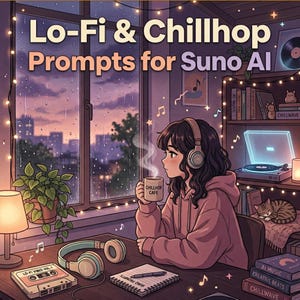 Peut inclure: Illustration d'une personne portant un casque et tenant une tasse avec l'inscription "Chillhop Cafe", regardant par une fenêtre. Le texte "Lo-Fi & Chillhop Prompts for Suno AI" est inclus. Une cassette et un casque sont sur le bureau.