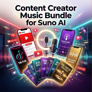 Puede incluir: Ilustración digital que promociona un paquete de música para creadores de contenido para Suno AI. La imagen presenta teléfonos inteligentes que muestran interfaces de YouTube, TikTok y podcast, junto con libros titulados "Viral Content Strategies". También hay un micrófono y un aro de luz.