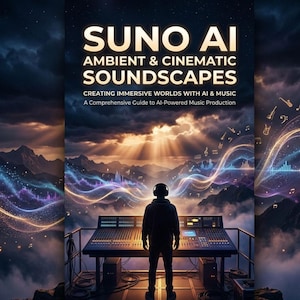May include: A book cover with the title "SUNO AI" and the subtitle "Ambient & Cinematic Soundscapes." The cover features a person wearing headphones standing in front of a sound mixing console, with a mountain range and musical notes in the background.