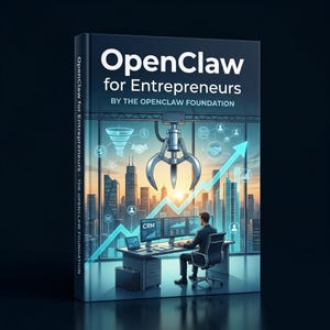 Könnte beinhalten: Buchcover "OpenClaw for Entrepreneurs" von The OpenClaw Foundation. Das Cover zeigt eine Stadtlandschaft, einen Greifautomaten und eine Person, die an einem Schreibtisch mit Computerbildschirmen arbeitet, die CRM-Daten anzeigen. Ein blauer Pfeil zeigt nach oben.
