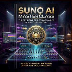 Könnte beinhalten: Ein Buchcover mit dem Titel "SUNO AI MASTERCLASS" und dem Untertitel "THE DEFINITIVE GUIDE TO ADVANCED AI MUSIC PRODUCTION". Das Cover zeigt ein goldenes Emblem und ein Mischpult mit verschiedenen digitalen Anzeigen. Der Text "MASTER AI COMPOSITION, SOUND DESIGN, & PRODUCTION SECRETS" ist ebenfalls sichtbar.