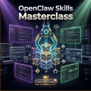 Könnte beinhalten: Digitalillustration, die eine OpenClaw Skills Masterclass bewirbt. Eine Roboterhand greift nach Würfeln mit Tech-Begriffen wie API und Machine Learning. Computerbildschirme mit Code sind zu sehen, zusammen mit dem Text "Masterclass".