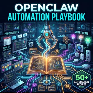 May include: An illustration for the "OPENCLAW AUTOMATION PLAYBOOK" features a robotic arm above an open book with glowing circuits. The image includes computer screens, smart home devices, and the text "50+ AUTOMATION RECIPES INSIDE."