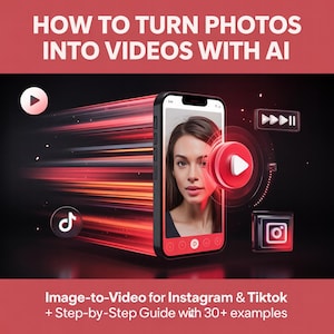 Könnte beinhalten: Eine digitale Illustration zeigt ein Smartphone mit dem Bild einer Frau auf dem Bildschirm, umgeben von Wiedergabetasten und Social-Media-Symbolen. Der Text lautet "HOW TO TURN PHOTOS INTO VIDEOS WITH AI" und "Image-to-Video for Instagram & Tiktok + Step-by-Step Guide with 30+ examples."