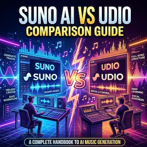 Könnte beinhalten: Eine lebendige Grafik, die Suno AI und Udio vergleicht, mit dem Text "SUNO AI VS UDIO COMPARISON GUIDE". Das Bild zeigt zwei Arbeitsplätze mit digitalen Audioschnittstellen, Noten und dem Text "A COMPLETE HANDBOOK TO AI MUSIC GENERATION."