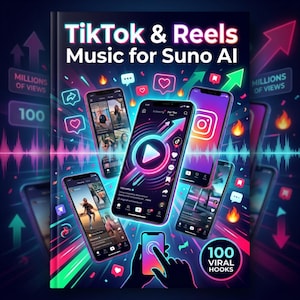 Peut inclure: Couverture de livre avec le titre "TikTok & Reels Music for Suno AI". L'image présente des smartphones affichant du contenu de médias sociaux, entourés de graphiques néon, avec les mentions "Millions of Views" et "100 Viral Hooks".