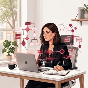Può includere: Illustrazione di una persona che lavora a una scrivania con un laptop e un taccuino. La persona indossa un blazer nero ed è circondata da diagrammi. Una tazza di caffè e una pianta in vaso sono anche sulla scrivania.