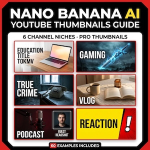 Könnte beinhalten: Rotes und schwarzes Grafikdesign, das einen YouTube-Miniaturansichts-Leitfaden bewirbt. Der Text lautet "NANO BANANA AI YOUTUBE THUMBNAILS GUIDE" und enthält Beispiele für "Education", "Gaming", "True Crime", "Vlog", "Podcast" und "Reaction"-Kanäle. Der Leitfaden enthält 60 Beispiele.