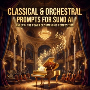 Könnte beinhalten: Ein verzierter goldener Flügel steht im Mittelpunkt eines Konzertsaals, aus dem Musiknoten hervorgehen. Das Bild zeigt den Text "CLASSICAL & ORCHESTRAL PROMPTS FOR SUNO AI" und "UNLEASH THE POWER OF SYMPHONIC COMPOSITION". Streichinstrumente und ein Kronleuchter sind ebenfalls zu sehen.
