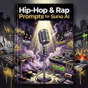 Könnte beinhalten: Buchcover mit dem Titel "Hip-Hop & Rap Prompts for Suno AI". Das Bild zeigt ein Vintage-Mikrofon, Plattenspieler und Graffiti-Kunst. Der Hintergrund zeigt eine Skyline und Musiknoten.