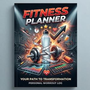 May include: Fitness planner cover with the title "FITNESS PLANNER" in red and white. The cover features fitness equipment illustrations, including dumbbells, a water bottle, a measuring tape, and a running shoe. The text "YOUR PATH TO TRANSFORMATION PERSONAL WORKOUT LOG" is at the bottom.