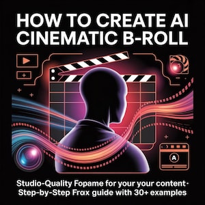Könnte beinhalten: Grafik mit dem Text "HOW TO CREATE AI CINEMATIC B-ROLL" in Weiß. Das Bild zeigt eine Silhouette einer Person, eine Filmklappe und andere Designelemente in Rot-, Orange- und Blautönen. Der Text "Studio-Quality Fopame for your content - Step-by-Step Frax guide with 30+ examples" befindet sich unten.