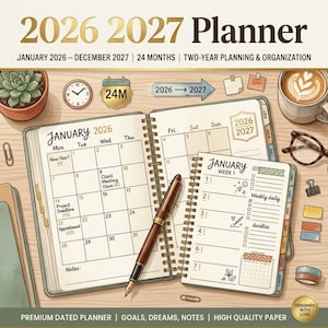 Könnte beinhalten: Ein 2026-2027 Planer, geöffnet auf Januar 2026, mit einem Stift, Kaffee und Brille auf einer Holzoberfläche. Der Planer enthält Abschnitte für die Wochen- und Tagesplanung, mit dem Text "Goals, Dreams, Notes".