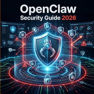 May include: A digital illustration for a security guide. The image features the text "OpenClaw Security Guide 2026" in white. A central shield with a robotic claw design is surrounded by digital security elements, including padlocks and data visualizations.