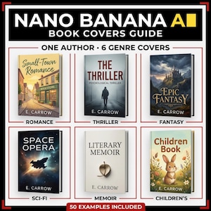 Könnte beinhalten: Ein Leitfaden mit dem Titel "NANO BANANA AI BOOK COVERS GUIDE", der sechs Buchcover-Genres zeigt: Romanze, Thriller, Fantasy, Space Opera, Literarische Memoiren und Kinderbuch. Jedes Cover ist von E. Carrow, mit "50 EXAMPLES INCLUDED" unten.
