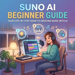 Könnte beinhalten: Illustration einer Frau, die einen Laptop mit Musiksoftware, ein Mikrofon und eine Tastatur benutzt. Das Bild trägt den Titel "SUNO AI BEGINNER GUIDE" mit dem Untertitel "YOUR STEP-BY-STEP GUIDE TO CREATING MUSIC WITH AI". Musiknoten und eine Glühbirne sind ebenfalls abgebildet.