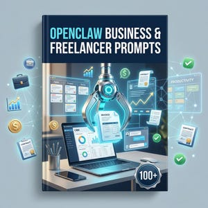 Könnte beinhalten: Buchcover mit dem Titel "OPENCLAW BUSINESS & FREELANCER PROMPTS" in weißer Schrift auf dunkelblauem Hintergrund. Das Bild zeigt eine Roboterhand, die eine Rechnung über einem Laptop mit Diagrammen hält. Zusätzliche Symbole für Geld, Verträge und Produktivität sind ebenfalls vorhanden.