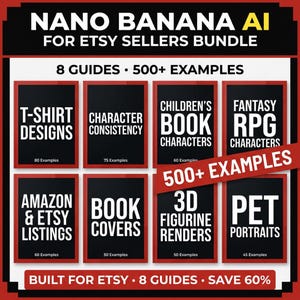 Könnte beinhalten: Eine Werbegrafik für ein "Nano Banana AI" Etsy-Verkäufer-Bundle. Das Bild zeigt acht Anleitungen, darunter T-Shirt-Designs, Buchcover und Haustierporträts, mit über 500 Beispielen. Der Text ist weiß auf schwarzem Hintergrund.