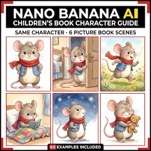 Può includere: Una guida ai personaggi di libri per bambini intitolata "Nano Banana AI" presenta un topo dei cartoni animati in varie scene. Il topo indossa una sciarpa rossa e un gilet blu. La guida include 6 scene di libri illustrati e 60 esempi.