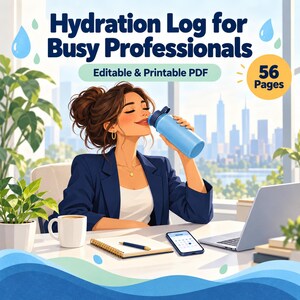 Könnte beinhalten: Ein Hydration Log for Busy Professionals, ein bearbeitbares und druckbares PDF mit 56 Seiten. Die Grafik zeigt eine Person, die an einem Schreibtisch mit Laptop, Notizbuch, Stift, Smartphone und Kaffeetasse aus einer hellblauen Wasserflasche trinkt.