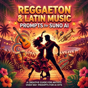 Puede incluir: Ilustración vibrante que promociona Reggaeton y música latina. La imagen presenta una pareja bailando, instrumentos musicales y una multitud en una playa. El texto dice "Reggaeton & Latin Music Prompts for Suno AI" y "A Creative Guide for Artists Over 100+ Prompts for AI Hits."