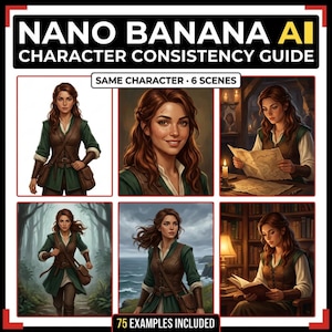 Könnte beinhalten: Ein Leitfaden mit dem Titel "Nano Banana AI Character Consistency Guide" mit sechs Bildern einer Frau in verschiedenen Szenen. Die Frau trägt eine grüne Tunika und eine braune Weste. Der Text "75 EXAMPLES INCLUDED" befindet sich unten.