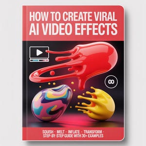 Könnte beinhalten: Buchcover mit dem Titel "HOW TO CREATE VIRAL AI VIDEO EFFECTS" in weißer Schrift auf rotem und schwarzem Hintergrund. Das Cover zeigt farbenfrohe, abstrakte Formen und den Text "SQUISH • MELT • INFLATE • TRANSFORM. STEP-BY-STEP GUIDE WITH 30+ EXAMPLES."