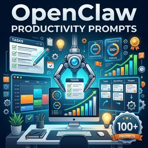 May include: Digital illustration promoting "OpenClaw Productivity Prompts." The image features a computer screen displaying task management and workflow charts. A robotic claw hovers above the screen, with icons and text like "Tasks" and "100+ Prompts."