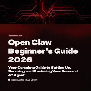 May include: A book cover with a dark red background and red circuit board design. The title "Open Claw Beginner's Guide 2026" is in large white text. The text below reads "Your Complete Guide to Setting Up, Securing, and Mastering Your Personal AI Agent."