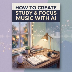 Könnte beinhalten: Buchcover mit dem Titel "HOW TO CREATE STUDY & FOCUS MUSIC WITH AI" mit einer gemütlichen Studierszene. Ein Schreibtisch mit Büchern, einer Lampe, Kopfhörern und einer Kaffeetasse. Der Hintergrund zeigt ein Fenster mit Schneeblick.