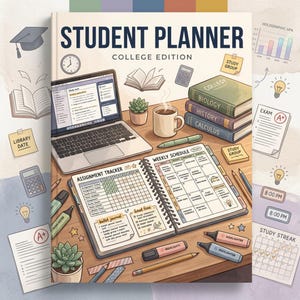 Könnte beinhalten: Ein Studentenplaner mit dem Titel "STUDENT PLANNER COLLEGE EDITION" mit einem Laptop, Büchern und einer Kaffeetasse auf einem Holztisch. Der Planer ist für einen Wochenplan und eine Aufgabenverfolgung geöffnet.