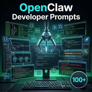 Könnte beinhalten: Eine digitale Illustration, die für "OpenClaw Developer Prompts" wirbt. Das Bild zeigt einen Computerbildschirm mit Code, umgeben von anderen Bildschirmen mit Code und Diagrammen. Eine Roboter-Klaue schwebt über dem Hauptbildschirm. Der Text "100+" befindet sich in einem Kreis rechts unten.