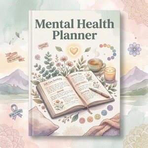 Könnte beinhalten: Ein Mental Health Planner mit dem Titel auf dem Cover. Die offenen Seiten zeigen die Abschnitte "Self-Care Sanctuary" und "Herbal Tea". Das Bild enthält eine Teetasse, eine Kerze und florale Illustrationen. Die Wörter "Find Your Peace" und "Be Kind to Yourself" sind ebenfalls sichtbar.