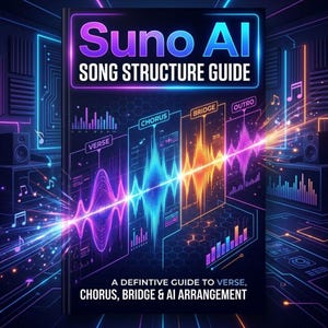 May include: A book cover for "Suno AI Song Structure Guide" with a futuristic design. The cover displays a colourful illustration of sound waves in blue, orange, and purple, with labels for verse, chorus, bridge, and outro. The text "A Definitive Guide to Verse, Chorus, Bridge & AI Arrangement" is also visible.