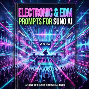 Könnte beinhalten: Buchcover mit dem Titel "ELECTRONIC & EDM PROMPTS FOR SUNO AI" in Pink und Grün. Das Cover zeigt ein DJ-Setup mit einer Menschenmenge, einer Skyline und Neonlichteffekten. Das Suno-Logo ist sichtbar. Der Text "A GUIDE TO CREATING MODERN AI MUSIC" befindet sich unten.