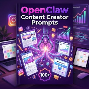 May include: A book cover with the title "OpenClaw Content Creator Prompts" in purple and white. The cover features digital illustrations of social media icons, graphs, and a robotic claw. The number "100+" is prominently displayed. The overall theme is content creation.