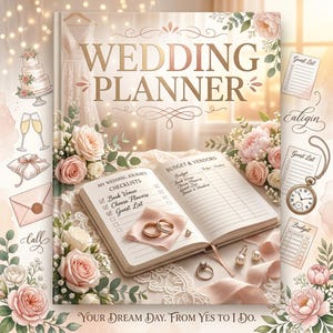 Könnte beinhalten: Ein Hochzeitsplaner-Notizbuch mit dem Schriftzug "WEDDING PLANNER" in Gold. Die offenen Seiten zeigen Checklisten und Budgetabschnitte. Das Bild enthält Eheringe, Blumen und Illustrationen zu Hochzeits-Themen.
