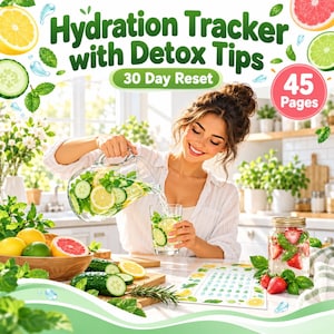 Könnte beinhalten: Ein 45-seitiger Hydration Tracker mit Detox-Tipps und einem 30-Tage-Reset-Plan. Das Cover zeigt den Text Hydration Tracker with Detox Tips und 30 Day Reset, umgeben von Illustrationen aus Zitronen-, Limetten-, Gurken- und Erdbeerscheiben.