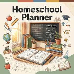 Könnte beinhalten: Aquarell-Illustration eines Homeschool-Planers mit dem Titel "Homeschool Planner". Das Bild enthält einen Wochenplan, Bücher, Bleistifte, einen Globus und einen offenen Planer. Es gibt auch mathematische Symbole und eine Abschlusskappe.