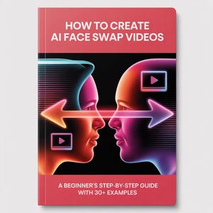 Könnte beinhalten: Ein roter Buchumschlag mit dem Titel "HOW TO CREATE AI FACE SWAP VIDEOS". Das Cover zeigt zwei Gesichter mit farbigen Farbverläufen und Pfeilen. Der Text "A BEGINNER'S STEP-BY-STEP GUIDE WITH 30+ EXAMPLES" steht unten.