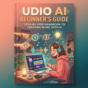 Könnte beinhalten: Buchcover "UDIO AI Beginner's Guide" mit dem Untertitel "Step-by-Step Handbook to Creating Music with AI". Die Illustration zeigt eine Person, die mit einem Laptop Musik kreiert und Kopfhörer trägt. Der Hintergrund umfasst Noten, ein Mikrofon und ein Regal mit Schallplatten.