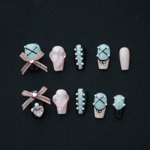 Black Pink Bow Nails, Handmade Press on Nails, Polka Dot Nails Reusable, Y2K Chic Nails, Handmade Faux Nails, Pink Nails Pearl, Gift for Her