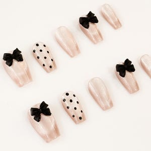 Y2K Black Pink Bow Nails, Handmade Press on Nails, Polka Dot Nails Reusable, Y2K Nails, Handmade Faux Nails, Pink Nails, Gift for Her