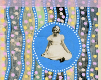 Humorous Alice In Wonderland Tribute Collage, Mixed Media Artwork On Vintage Smiling Girl Portrait Photography Decorated With Pastel colours