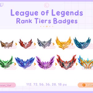 以下が含まれることがあります： リーグ・オブ・レジェンドのランクティアバッジの画像。バッジは、茶色、赤、銀色、金色、青色、緑色、紫色、オレンジ色など、さまざまな色があります。「League of Legends Rank Tiers Badges」というテキストが上部にあります。
