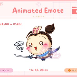 Peut inclure: Emote animé représentant un personnage de dessin animé avec des oreilles de lapin, une épée et une tenue bleue et blanche. Le personnage a des joues roses et une expression déterminée. Le texte comprend "YASUO + USAGI" et "Animated Emote".