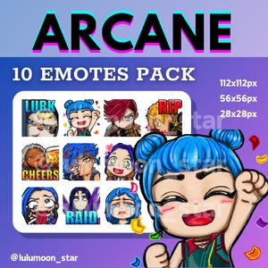 Pacchetto di 10 emote arcane, Twitch, emote Discord, arcane, personaggio di League of Legends, campione, download digitale, LoL, chibi, kawaii, arte carina